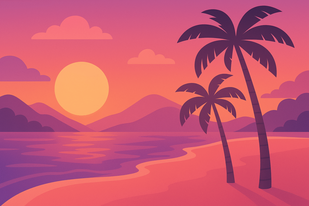 Sol poniéndose sobre mar tropical con palmeras y cielo rosa